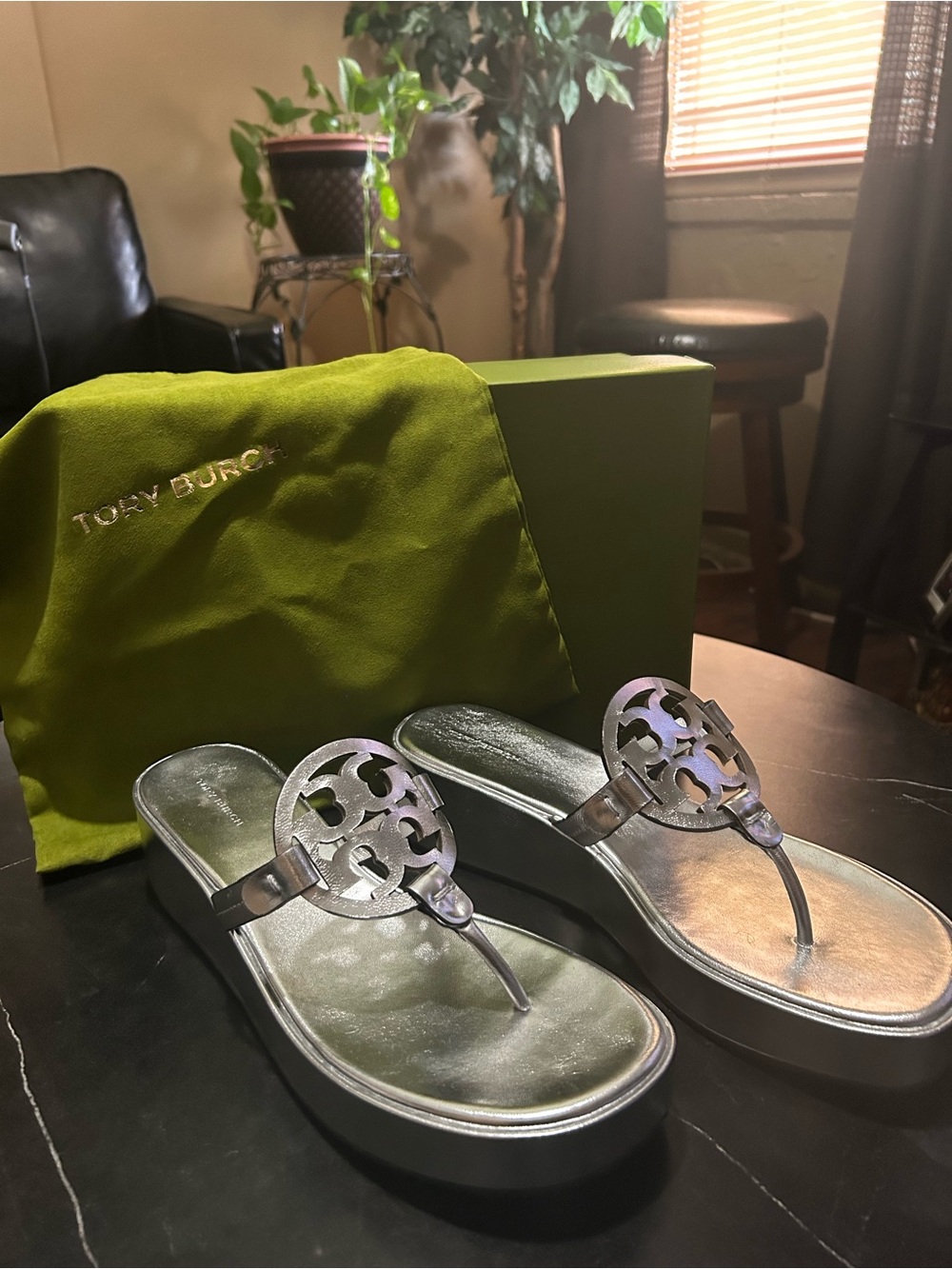 Tory Burch Women’s Miller Metallic Thong Leather 25mm Wedge Sandal - Never Worn
